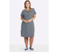 Jerseykleid SHEEGO "Jersey-Kleid", Damen, Gr. 58, Normalgrößen, schwarz-weiß (tiefblau, weiß, geringelt), Jersey, 50% Baumwolle, 50% Modal, gemustert, gestreift, knielang, Rundhals, Kleider Jerseyklei