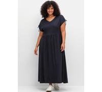 Jerseykleid SHEEGO "Jerseykleid", Damen, Gr. 46, Normalgrößen, blau (tiefblau), 50% Baumwolle, 50% Modal, unifarben, lang, V-Ausschnitt, Kurzarm, Kleider (51729437-46) tiefblau