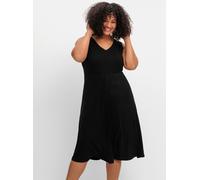 Jerseykleid SHEEGO "Jerseykleid", Damen, Gr. 46, Normalgrößen, schwarz, Jersey, 95% Viskose, 5% Elasthan, unifarben, knielang, V-Ausschnitt, Kleider Jerseykleid (44710338-46) schwarz