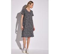 Jerseykleid STREET ONE, Damen, Gr. 38, EURO-Größen, blau (tiefblau), Stoff, 95% Viskose, 5% Elasthan, gemustert, normal knielang, V-Ausschnitt, Bündchen, Kleider Jerseykleid, knielang (18271749-38) ti