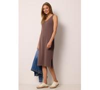 Jerseykleid STREET ONE STUDIO, Damen, Gr. 46, EURO-Größen, braun (mahogany braun), Web, 49% Baumwolle, 49% Polyester, 2% Elasthan, unifarben, comfort fit knieumspielend, V-Ausschnitt, abgesteppt, Klei