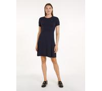 Jerseykleid TOMMY HILFIGER "CO JERSEY STITCH F&F DRESS", Damen, Gr. XXL (44), N-Gr, blau (desert sky), Jersey, Obermaterial: 67% Baumwolle, 33% Polyamid, unifarben, figurbetont Midi, Rundhals, Rippstr