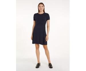 Jerseykleid TOMMY HILFIGER "CO JERSEY STITCH F&F DRESS", Damen, Gr. XXL (44), N-Gr, blau (desert sky), Jersey, Obermaterial: 67% Baumwolle, 33% Polyamid, unifarben, figurbetont Midi, Rundhals, Rippstr