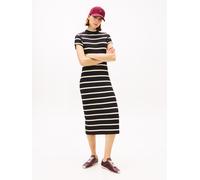 Jerseykleid TOMMY HILFIGER "SLIM 5X2 RIB MOCK-NK SS DRS", Damen, Gr. XXL (44), N-Gr, schwarz, calico stp, Jersey, Obermaterial: 95% Viskose, 5% Elasthan, gestreift, figurbetont, Rundhals, Kleider Jers
