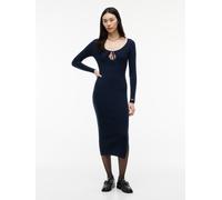 Jerseykleid TOMMY JEANS "TJW MIDI SCRIPT SWEATER DRESS", Damen, Gr. XS (34), N-Gr, blau (dunkelblau), Jersey, Obermaterial: 65% Baumwolle, 35% Nylon, unifarben, wadenlang, Rundhals, gerader Abschluss,