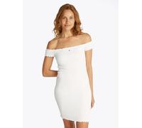 Jerseykleid TOMMY JEANS "TJW SMOCK BODYCON DRESS", Damen, Gr. XS (34), N-Gr, beige (ecru), Jersey, Obermaterial: 95% Baumwolle, 5% Elasthan, unifarben, figurbetont mini, Carmenausschnitt, Kleider, in 