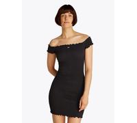 Jerseykleid TOMMY JEANS "TJW SMOCK BODYCON DRESS", Damen, Gr. XS (34), N-Gr, schwarz, Jersey, Obermaterial: 95% Baumwolle, 5% Elasthan, unifarben, figurbetont mini, Carmenausschnitt, Kleider, in Smok-