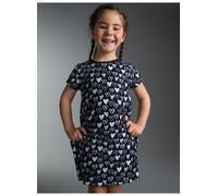 Jerseykleid TRIGEMA "TRIGEMA Kleid mit süßen Herz Motiven", Mädchen, Gr. 140, Normalgrößen, schwarz-weiß (navy), Single Jersey, 100% Baumwolle, Basic, Kleider Jerseykleid (31500737-140) navy