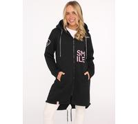 Jerseymantel ZWILLINGSHERZ "Alissa", Damen, Gr. SM (S/M), schwarz, Sweatware, Obermaterial: 50% Baumwolle, 50% Polyester, unifarben mit Farbeinsatz, comfort fit ca. Mitte Oberschenkel, V-Ausschnitt, M