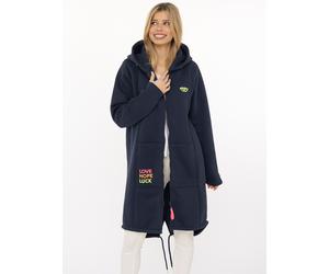 Jerseymantel ZWILLINGSHERZ, Damen, Gr. S/M, marine, Sweatware, Obermaterial: 50% Baumwolle, 50% Polyester, normal hüftbedeckend, V-Ausschnitt, Mäntel, Regular Fit, Langarm, Kapuze, Reißverschluss, Neo