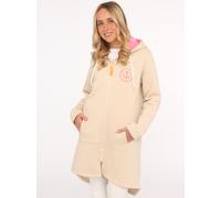 Jerseymantel ZWILLINGSHERZ ""Küste Meer Moin"", Damen, Gr. SM (S/M), beige, Sweatware, Obermaterial: 50% Baumwolle, 50% Polyester, lässig geschnitten knielang, V-Ausschnitt, Mäntel, mit Kapuze, Tasche