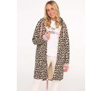 Jerseymantel ZWILLINGSHERZ ""Leo allover Neon Kante"", Damen, Gr. SM (S/M), beige, Sweatware, Obermaterial: 50% Baumwolle, 50% Polyester, animal-print, comfort fit ca. Mitte Oberschenkel, V-Ausschnitt