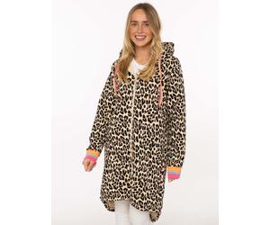 Jerseymantel ZWILLINGSHERZ "Leo allover Neon Kante", Damen, Gr. SM (S/M), beige, Sweatware, Obermaterial: 50% Baumwolle, 50% Polyester, comfort fit ca. Mitte Oberschenkel, V-Ausschnitt, Mäntel, mit Ka