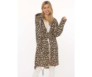 Jerseymantel ZWILLINGSHERZ "Leo Dream", Damen, Gr. SM (S/M), beige, Sweatware, Obermaterial: 50% Baumwolle, 50% Polyester, comfort fit ca. Mitte Oberschenkel, V-Ausschnitt, Mäntel, mit Allover Leo Loo