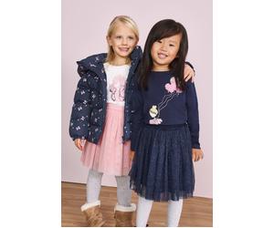 Jerseyrock BLUE SEVEN, Mädchen, Gr. 110, blau (nachtblau), Single Jersey;Tüll, Obermaterial: 100% Baumwolle, bedruckt, Basic knieumspielend, Röcke, mit Tüll-Überrock, Glitzer-Alloverdruck und elastisc