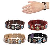 Jesus-Armband aus Holz, Rosenkranz-Set, elastischer Stretch-Armreif mit Bildern religiöser Heiliger, katholischer Heiliger Götter, Göttin Gebets-Manifestation, Armband - Gott segne dich, 4 Stück
