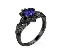 Jeulia Damen Ring 925 Silber Schwar Solitärring Gothic Blumenring Rundschliff Zirkonia Ehering mit Rot Lila Stein Fingerring Modern Gotisch Bandring für Alltag Halloween (Amethystviolett, 53(16.9))