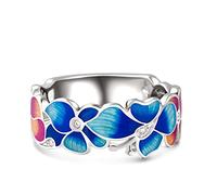 Jeulia Sterling Silber Promise Ring:Damen Mehrfarbig Emaille Blumen Band Smile Breiter Ring Diamant Verlobung Anniversary Schmuck Personalisierte Geschenk Box für Frauen Mädchen (59（19.0）, Flowers)