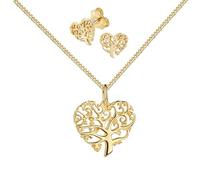 JEVELION Collier-Ohr-Schmuckset Herz-Lebensbaum Goldanhänger und 2x Ohrstecker 333 Gold, 8 Karat 8K für Damen + Halskette 925 Silber vergoldet - Kettenlänge 55 cm