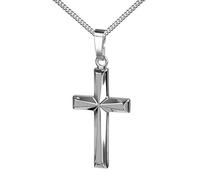 JEVELION Kreuz-Anhänger für Damen, Herren und Kinder in hochglanz poliert mit 3D-Effekt als Kettenanhänger 585 Weissgold mit Schmuck-Etui und Panzerkette