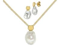 JEVELION Perlenkette Schmuckset Keshi-Perle 2x Ohrstecker + Goldanhänger 750 mit Kleeblatt-Applikation für Damen + Kette 925 Silber vergoldet - Kettenlänge 45 cm