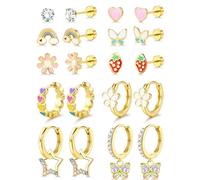 JeweBella 10 Paar Kinder Ohrringe Mädchen Damen Chirurgenstahl Ohrringe Set Hypoallergen Medizinische Ohrstecker Kinder Gold/Silber Creolen Mädchen Herz Blume Schmetterling Regenbogen Schmuck