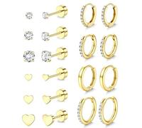 JeweBella 10 Paar Ohrringe Gold Medizinische Edelstahl Ohrstecker für Damen Helix Tragus Conch Piercing Set Gesundheitsstecker Ohrringe Chirurgenstahl Wasserfest Flat Back Ohrringe Set Gold Silber