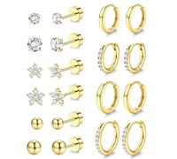 JeweBella 10 Paar Ohrringe Gold Medizinische Edelstahl Ohrstecker für Damen Helix Tragus Conch Piercing Set Gesundheitsstecker Ohrringe Chirurgenstahl Wasserfest Flat Back Ohrringe Set Gold Silber