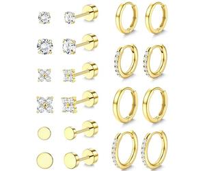 JeweBella 10 Paar Ohrringe Gold Medizinische Edelstahl Ohrstecker für Damen Helix Tragus Conch Piercing Set Gesundheitsstecker Ohrringe Chirurgenstahl Wasserfest Flat Back Ohrringe Set Gold Silber