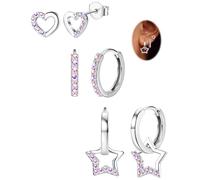 JeweBella 3 Paar Ohrringe Silber 925 für Damen Mädchen - Set Ohrstecker Creolen Herz Stern Earrings Stapelbar Hängend - Kinder Rosa/Blau/Lila