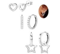 JeweBella 3 Paar Ohrringe - Silber 925 Pfosten für Damen & Mädchen - Ohrstecker, Creolen, Herz & Stern Earrings - Stapelbar & Hängend - Kinder & Mädchen Rosa/Blau/Lila