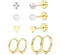 JeweBella 5 Paar G23 Titan Ohrringe Damen Herren Kinder Medizinische Ohrstecker Hypoallergen Titan Ohrstecker Set Titan Creolen Gesundheitsstecker Ohrringe Set Knorpel Piercing Ohr Silber/Gold