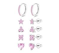 JeweBella 5 Paar Ohrringe Silber für Damen Mädchen Ohrringe Set Ohrstecker Creolen Silber 925 Pfosten Rosa/Grün/Blau/Lila Earrings Stapelbar Ohrringe Gold Silber Creolen Ohrringe Set für Kinder Frauen