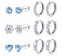 JeweBella 6 Paar Ohrringe Silber 925 Set für Damen Mädchen Hypoallergen Ohrstecker Creolen Silber Blume Herz Rosa Lila Blau Sleeper Knorpel Ohrringe Set für Kinder Frauen