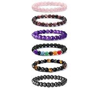 JeweBella 6Stück Natürliche Edelstein Armbänder Damen Herren Perlen Armbänder 7 Chakren Lavastein Armbänder Rose Quartz Amethyst Tigerauge Obsidian Dreifach-Armband Paare Stretch Armbänder Schmuck