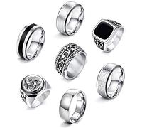 JeweBella 7er Ringe Set - Herren Edelstahl Ringe in Silber mit Matt Poliertem Keltischem Knoten Vintage Design für Schwarz Siegelring, Gravur und Gothic Biker Look