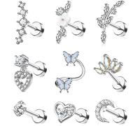 JeweBella 9PCS 16G Helix Piercing Chirurgenstahl für Damen Knorpel Ohrringe Zirkonia Blume Herz Schmetterling Ohrstecker Labret Nase Conch Piercing Set Tragus Piercing Ohr Schmuck Silber/Gold