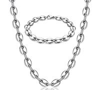 JeweBella Halskette Herren Edelstahl Kaffeebohne Kette Armband Set für Männer 7MM Kaffeebohne Bohnenkette Hip Hop Halskette Silber Länge 56/61CM, Armband 21.5CM