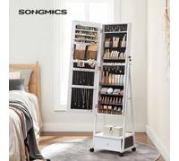 Jewellery Cabinet, Full Body Mirror, Lockable Organiser with Drawer, Wheels, White