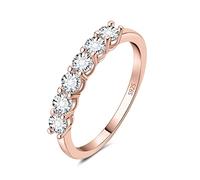 JewelryPalace Modeschmuck Klassisch 6 Stein 1.5mm 0.6ct Moissanite Band Ring Damen, Hochzeitsringe Silber 925 Trauringe Eheringe Frauen, Vorsteckring Halb Eternity Ring Bandring Schmal Rosegold 51