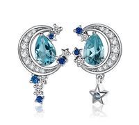 JewelryPalace Mond und Stern Tropfenschliff 2.2ct Blau Spinell Ohrstecker aus 14K Weißgold vergoldet Damen, Blau Stein Schmuck Set, Ohrringe Edelstein Mädchen, Modeschmuck für Frauen