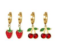 JewelryWe 2 Paar Erdbeer Kirsch Ohrringe: Gold Edelstahl Süße Obst Creolen Huggie Ohrstecker mit Erdbeere & Kirsche Anhänger Hypoallergene Ohr Schmuck Set Geschenk für Mädchen Kinder