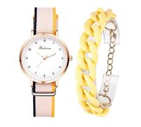 JewelryWe 2 Stück Damenuhr Armband Set: Klassische Einfache Analog Quarz Armbanduhr mit Beige Canvas Stoffarmband Damen Uhr mit Harz Armkette Armreif Schmuckset Verstellbar Geschenk für Frau Mädchen