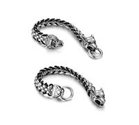 JewelryWe 2pcs Herren Armband, Retro Punk Rock Wolf Kopf Leder Edelstahl Geflochten Kette Armreif, Schwarz Silber