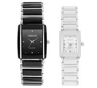JewelryWe 2PCS Herren Damen Paar Armbanduhr Quarz Analog Rechteckig Ceramic Keramik Band Partner Freundschafts Uhr mit Strass Schwarz Weiß Geschenk Valentinstag