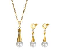 JewelryWe 3-Teilig Schmuck Set Damen: Gold Edelstahl Ohrringe Ohrstecker mit Perlen Imitation Anhänger Halskette Perlenohrringe Perlenkette Schmuckset für Braut Brautjungfer Hochzeit