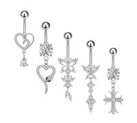 JewelryWe Bauchnabelpiercing Barbell 5er Set für Damen: 14G Chirurgenstahl Herz Kreuz Schmetterling Schlange Bauchnabelringe mit Zirkonia Hängendes Bauchpiercing Bauchnabel Piercing Schmuck Silber