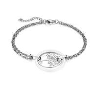 JewelryWe Baum des Lebens Armband Damen: Silber Edelstahl Hohle Lebensbaum Doppelt Ketten Verstellbare Armkette Charms Armreif mit Weiß Keramik Kreis Ring Geschenke Frau Freundin Mutter