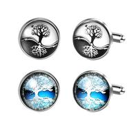 JewelryWe Baum des Lebens Manschettenknöpfe für Herren: 2 Paar Yin Yang Schwarz Weiß und Blauer Lebensbaum Manschetten Knöpfe Cufflinks Elegant Anzug Hemd Business Hochzeit Schmuck Accessoires Silber