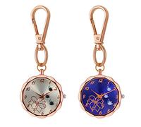 JewelryWe Blume Uhr mit Karabiner Schlüsselanhänger: 2 Stück Damen Karabineruhr Blüte Schmetterlings Analog Quarz Taschenuhr mit Weiß/Blau Rundem Zifferblatt und Rosegold Blume Design Gehäuse